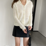 Women Cardigan Sweater Hollow out Sweater Cardigan Polo Collar Top Coat X3009