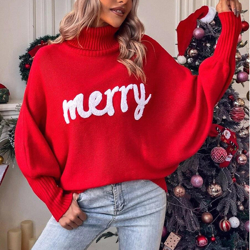 Women Knitted Sweater Christmas Turtleneck Sweater Loose Chic Sweater Top