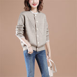 Women Knitwear Spring and Autumn Lace Trim Patchwork round Neck Sweater Loose Knitted Cardigan