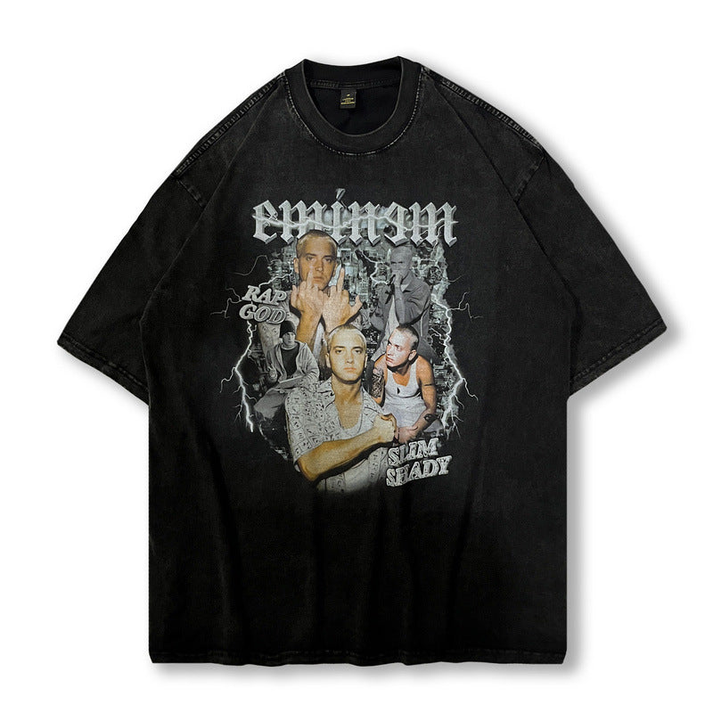 Men T Shirt Portrait Printing Washed and Worn Short Sleeve T-shirt