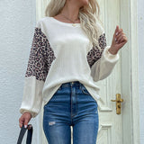 Women Knitted Sweater Autumn Loose round Neck Base Leopard Splicing