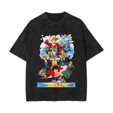 2024 new American washed retro cotton t-shirt Sauron, Luffy, Riman printed washed and old short-sleeved t-shirt