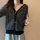 Women Knitwear Autumn and Winter Striped Hooded Sweater Loose Casual Knitted Cardigan