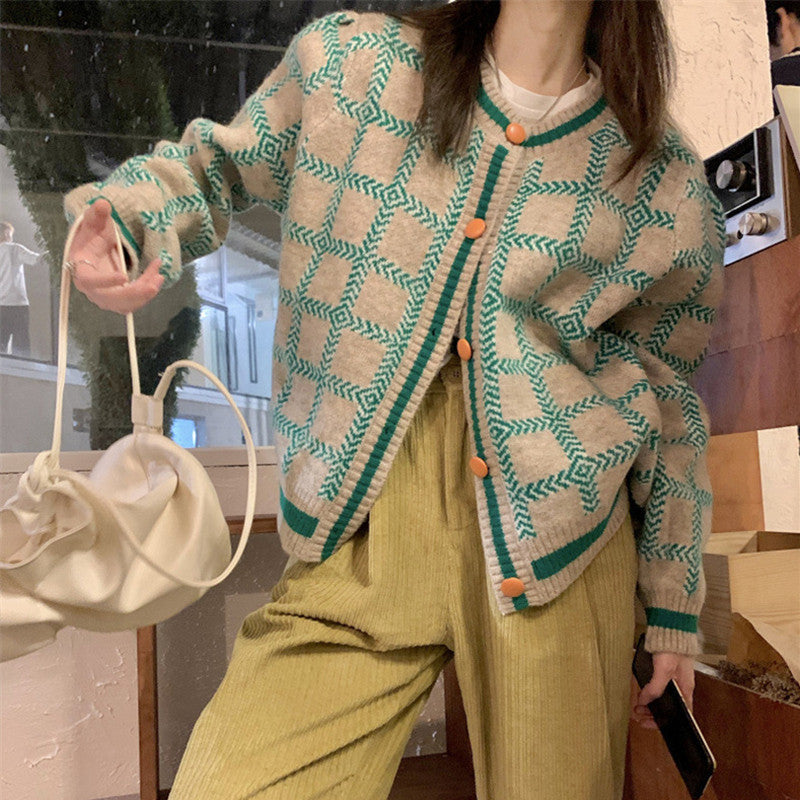 Women Knitwear Autumn Winter Retro Plaid Sweater Loose Knitted Cardigan