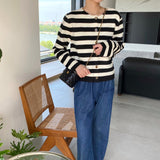 Women Cardigan Sweater Striped Sweater Cardigan Autumn round Neck Long Sleeve Top Women 8t7282