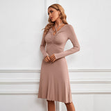 Women Dress V-neck Knitted Long Sleeves Dress