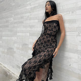 Women Dresse Black Lace off-the-Shoulder Split Streamers Dress