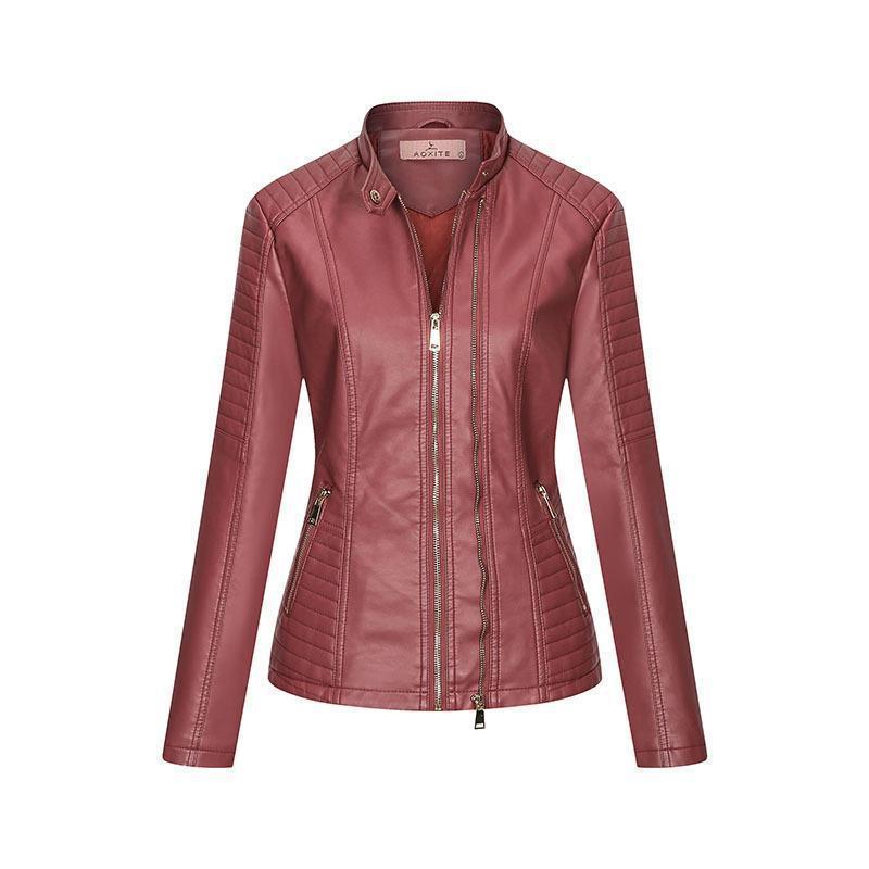 Red Leather Jacket Autumn and Winter Leather Women's PU Leather Jacket