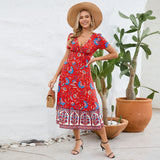 Women Date Dress Floral Dress Short Sleeve V-neck Bohemian A- line Skirt