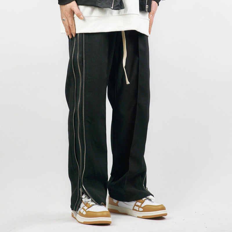 Men Sweatpants Side Zipper Hem Slit Casual Pants Baggy Straight Trousers
