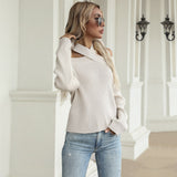 Women Knitted Sweater Autumn Knitted Pullover Solid Color Hollow out Shoulder-Baring Sweater