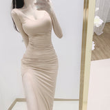 Women Dresses U Collar Gray, Long Sleeve Dress