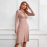 Women Dress V-neck Knitted Long Sleeves Dress