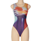 Women Jumpsuit Summer Mesh Printed Slim round Neck Sleeveless Leotard