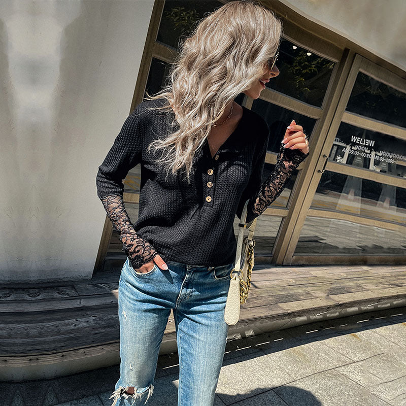 Women Knitted Sweater Autumn Casual Women's Long-Sleeved Lace Bottoming Black Sweater