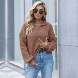 Women Knitted Sweater Autumn Short Solid Color Polo Collar