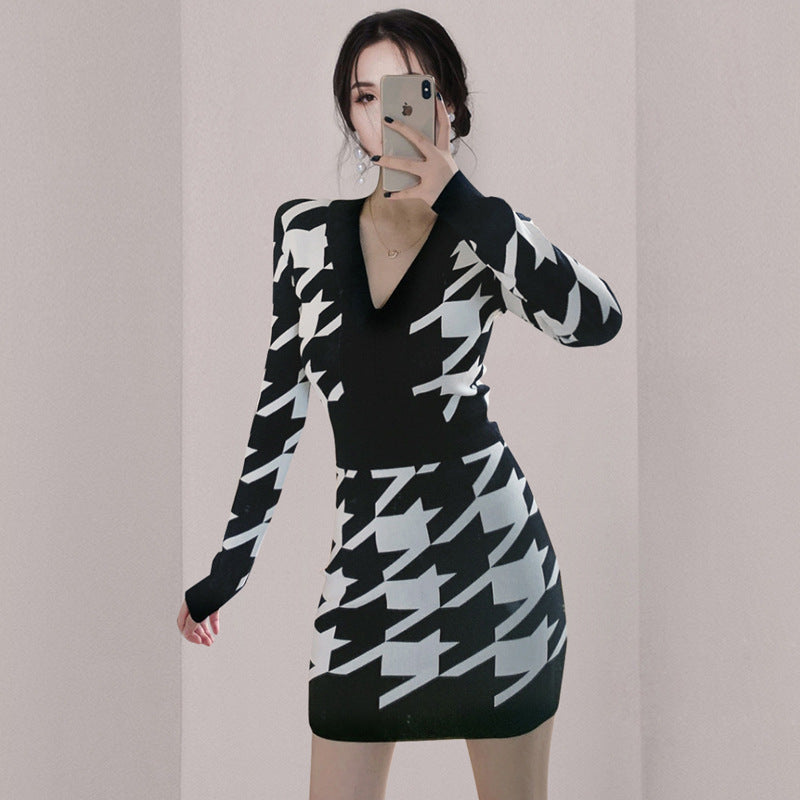 Women Maxi Dress Autumn and Winter Houndstooth V-neck Sweaters Dress