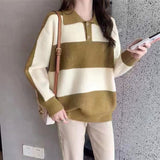 Women Knitwear Autumn Winter Retro Striped Polo Collar Knitwear Loose Casual Sweater