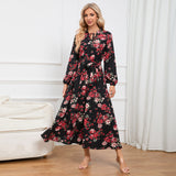 Women Date Dress Autumn Long Sleeve Lace Stand Collar Belt Long Dress
