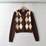 Women Sweater Knitwear Vintage Diamond Plaid Stitching V-neck Knitted Cardigan
