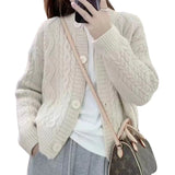 Women Knitwear Autumn Winter Retro Crew Neck Sweater Loose Knitted Cardigan