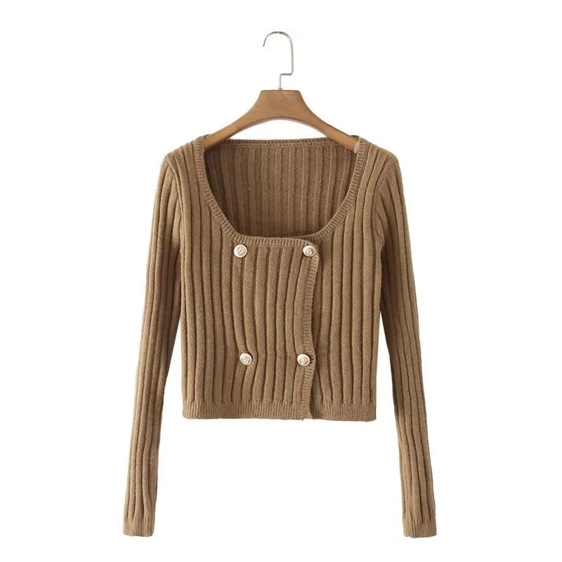 Women Sweater Knitwear Autumn and Winter Square Collar Knitted Double Breasted Sweater Top