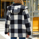 Women Trench Coat Autumn and Winter Loose Thermal Plaid Buckle-Free Cardigan Hooded Double-Sided Plush Coat