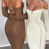 Women Dresses Spring Sexy Backless Lace up Slim Fit Hollow out Long Sleeve Dress