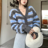 Women Knitwear Autumn and Winter Striped V-neck Short Knitted Cardigan