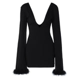 Women Dresse Horn Long Sleeve Dress Sexy Topless V-neck Skirt