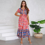 Women Date Dress Summer V-neck Ruffle Vintage Floral Beach Dress