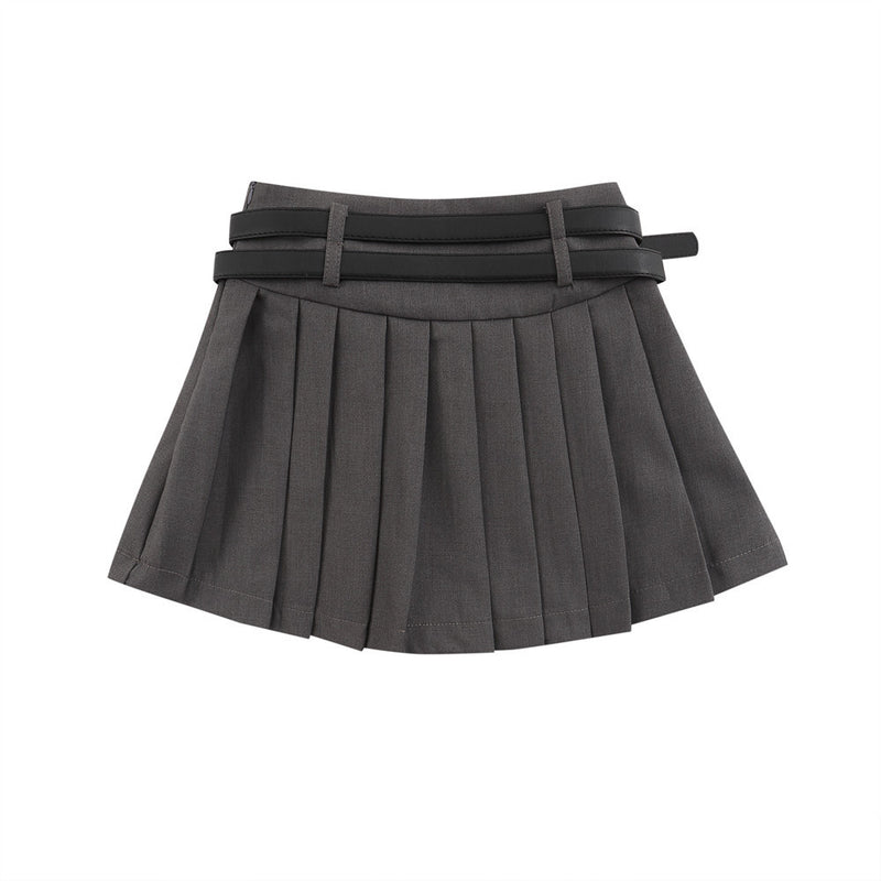 Women Skirt Double Belt Suit Pleated Skirt
