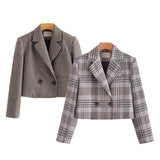 Women Suits Double Breasted Plaid Coat Spring Lapel Long Sleeve Short Top