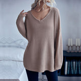 Women Knitted Sweater Autumn Casual Women's Loose Long Sleeve Solid Color and V-neck Thick Needle Sweater