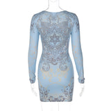 Women Dresse Printed Long Sleeve Narrow Dress round Neck Skirt
