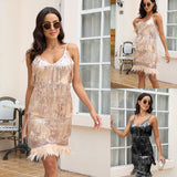 Corset Dress Tassel Feather Sequined Suspender Dress Sexy V-neck Evening Dress