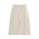 Women Long Skirt Multi-Pocket Skirt XINGX Rivet A- line Skirt