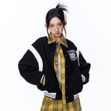 Women Jacket Stitching Color Blocking Baseball Uniform Coat Loose Lapel Embroidered Jacket