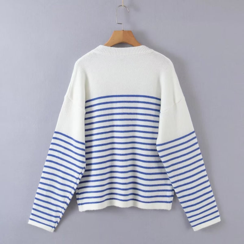 Women Sweater Knitwear Autumn Long-Sleeved Sweater Pullover Bottoming Shirt round Neck Striped Sweater