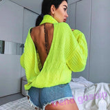 Women Knitted Sweater Long Sleeve Sexy Backless Cross Sweater Turtleneck Sweater