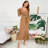 Women Date Dress Knitted Long Sleeve V-neck Lace-up Fishtail Skirt