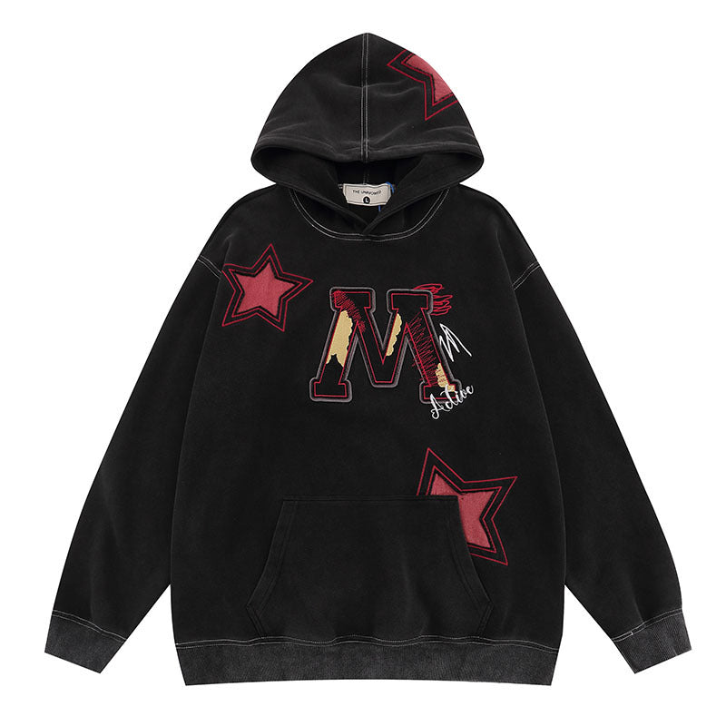 Men Hoodie Retro Hip Hop Letter Embroidered Patch Washed Hooded Sweater