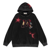 Men Hoodie Retro Hip Hop Letter Embroidered Patch Washed Hooded Sweater