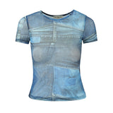 Women Tops Summer Mesh Printed T-shirt Slim-Fit Crop-Top