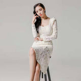 Women Maxi Dress Spring and Autumn Dress Square Collar Long Sleeve Lace Dress