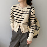 Women Cardigan Sweater round Neck Striped Sweater Coat Loose Single Breasted Cardigan Female 8t6717