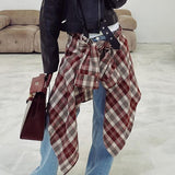 Women Trench Coat Autumn and Winter Long Sleeve Plaid Shirt Retro Plaid Shirt