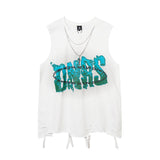 Men Vest Letter Graffiti Washed Make Old Ripped Sleeveless T-shirt