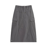 Women Long Skirt Multi-Pocket Skirt XINGX Rivet A- line Skirt