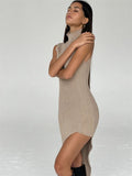 Ladies Leisure Knitwear Turtleneck Sleeveless Knitted Midi Dress Sheath Split Sexy Dress